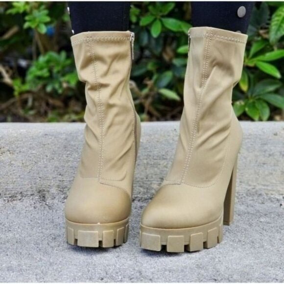 Women's Platform Ankle Chunky Heel Boots Taupe Color - Picture 3 of 5